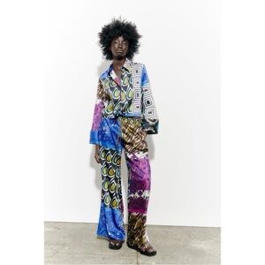 Zara Black, Blue, Green & Yellow Printed Satin Button-Up Set. Top S pants M